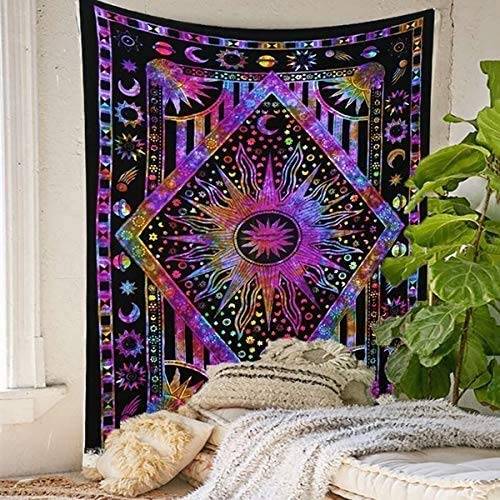ANJANIYA Burning Sun Tie Dye Tapestry, Celestial Sun Moon Star Planet Bohemian Medium Tapestry Tarot Card Wall Hanging Boho Hippie Hippy Beach Coverlet Curtain (Purple Multi, 54"X60") - color: Purple Multi, size: 60"L x 54"W