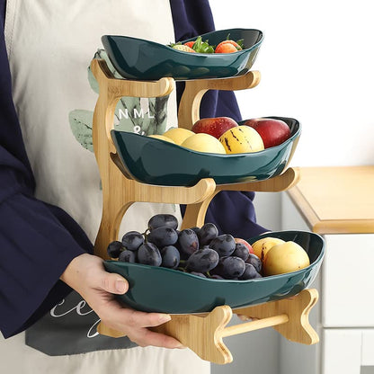 XUDREZ 3-Tier Ceramic Fruit Basket with Bamboo Tray, Large Capacity - color: Green