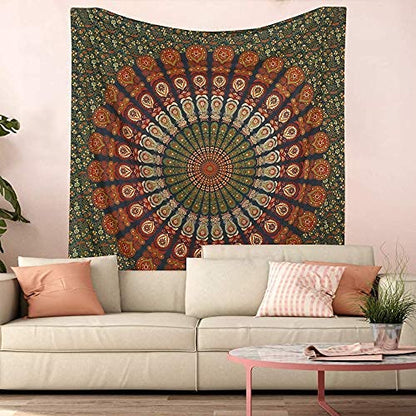 Bless International-Organic-Cotton-Golden-Green-Handmade-Mandala-Tapestry - color: Golden Green, size: 90"L x 84"W