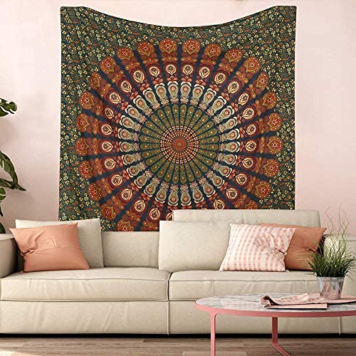 Bless International-Organic-Cotton-Golden-Green-Handmade-Mandala-Tapestry - color: Golden Green, size: 104"L x 88"W