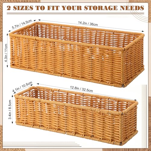 Threehoney 2 Pack Wicker Toilet Tank Baskets, 2 Sizes Handwoven Rattan Bathroom Storage Baskets with Metal Frame, Rustic Farmhouse Decorative Organizer Holders Bins for Tissues Vanity Shelves Supply