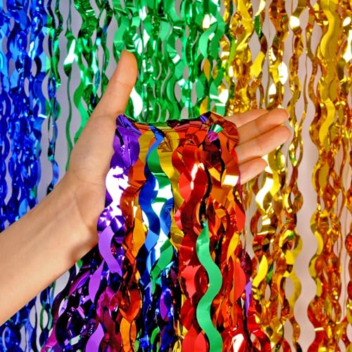 CYLMFC 3 Pack Rainbow Foil Curtains - 3.3x6.6ft Metallic Streamers Tinsel Curtains Background for Photo Booth Birthday Weddings Carnivals Graduation - color: 6 Color Rainbow
