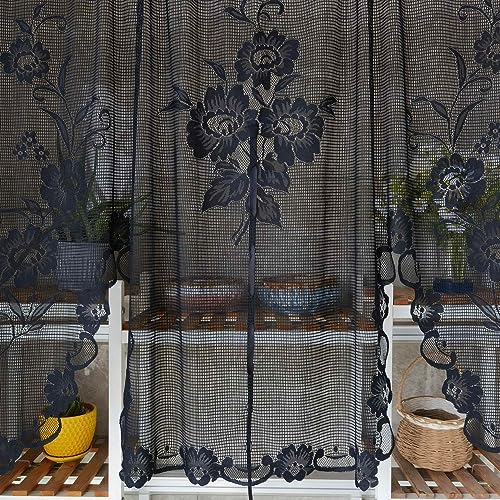 2pcs Black Floral Embroidery Sheer Lace Curtain Valance - color: Black, size: 39"W x 39"L (Pack of 2)