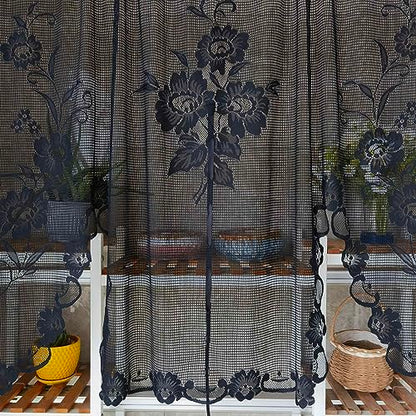 2pcs Black Floral Embroidery Sheer Lace Curtain Valance - color: Black, size: 39"W x 39"L (Pack of 2)