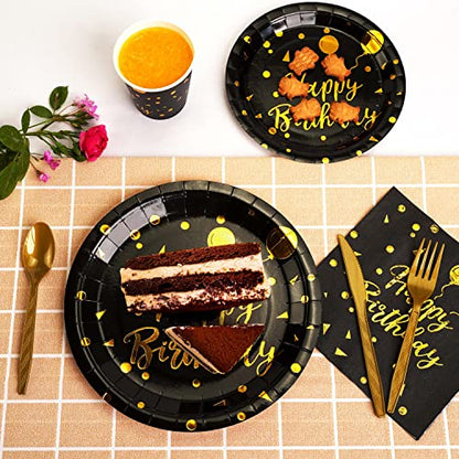 200 pieces of black and gold birthday party supplies, disposable happy birthday tableware set, gold plastic knives, forks, spoons, straws. Birthday themed tray, cup,25Guests (black) - color: Black