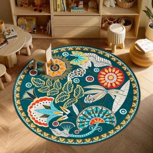 Joydeco Egypt Floral 5FT Round Rug, Washable Circle Bedroom Playroom Rug - color: Dark Green, size: 5' (Round)