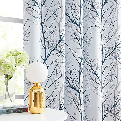 FMFUNCTEX 100% Blackout Blue Grey Tree Branch Curtains 108 Inch 2 Panels - color: Grommet | Blue, size: 52"W x 108"L (Pack of 2)