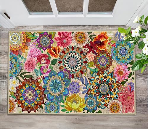 Boho Floral Door Mat 2x3, Colorful Flowers Indoor Entry Rug Non Slip Small Area Rug for Entryway Kitchen Bathroom Front Door Mats Indoor Entrance Washable Doormat Carpet Aesthentic - color: Boho Floral, size: 2' x 3'