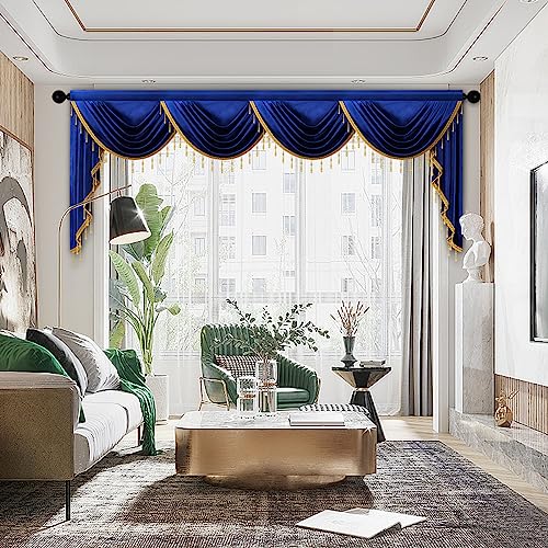 ELKCA Luxury Royal Blue Velvet Curtain Valances for Living Room with Beads(118inch,1 Panel) - color: Royal Blue, size: 118"W x 43"L (Pack of 1)