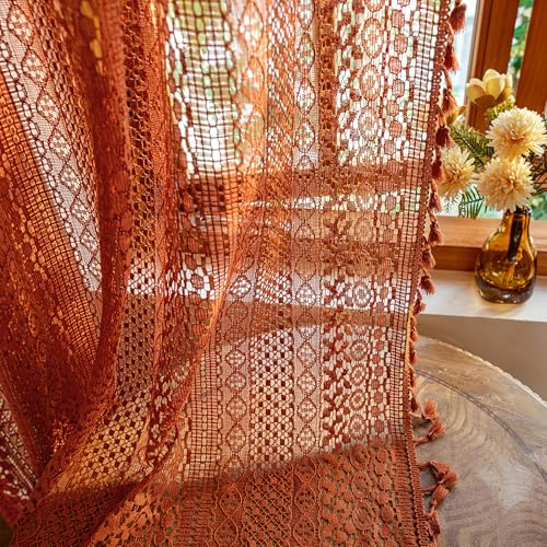 WAZZIO Boho Lace Curtains 72 Inches 2 Panel,Light Filtering Privacy Tassel & Geometry Crochet Semi Sheer Curtain Drapes for Bedroom Living Dining Room,Rod Pocket & Tassel,Full Decor,Burnt Orange - color: Burnt Orange, size: 59"W x 72"L (Pack of 2)