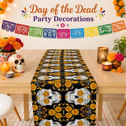 Dia De Los Muertos Decorations - Sugar Skull Table Runner with Banner - color: Dia De Los Muertos