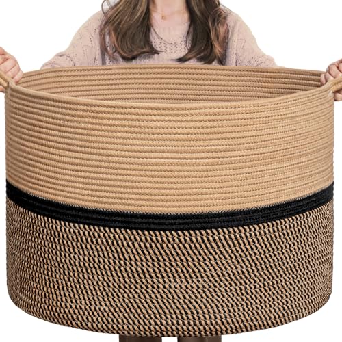 CHICVITA XXL Cotton Rope Woven Blanket Basket with Handles, Brown & Black - color: Brown and Black
