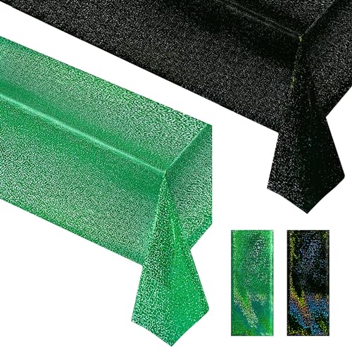 Black & Green Holographic Tablecloth 40" x 108" Hot Pink Party Decoration Valentine's Day Birthday Party Table Decor Iridescence Plastic Table Cloth for Halloween Baby Shower - color: Black & Green