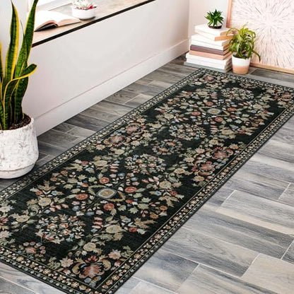 MUJOO Washable Runner Rug 2x6 Area Rug Non Slip Ultra-Thin Floral - color: Black, size: 2' x 6' (Rectangular)