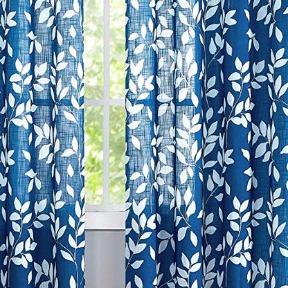 White Blue Leaf Semi Sheer Curtains 52x72" Living Room Window Panels 2pcs - color: Navy, size: 52"W x 72"L (Pack of 2)