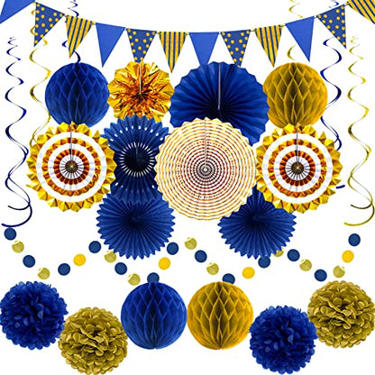 24 Pcs Blue Gold Party Decorations, Paper Fans Pom Poms Banner - color: Blue