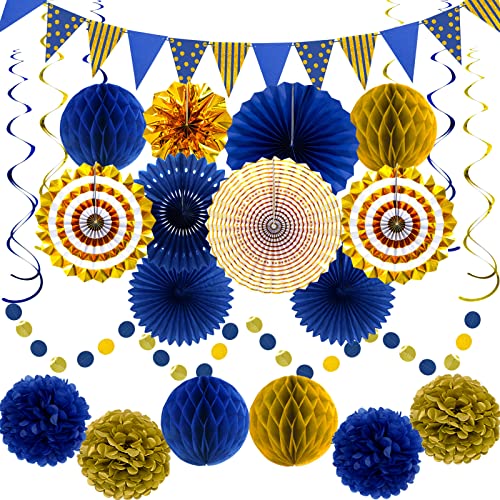 24 Pcs Blue Gold Party Decorations, Paper Fans Pom Poms Banner - color: Blue