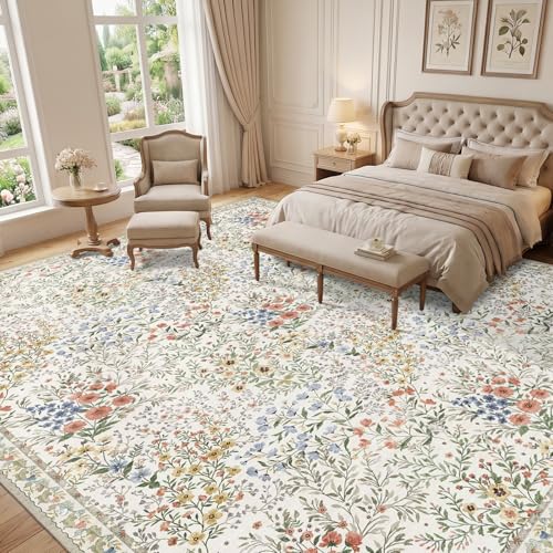12x12 Square Area Rug Living Room: Boho Floral Washable Mat for Dining Room Bedroom Office High Traffic Area Soft Non Slip Low Pile Indoor Carpet for Vintage Farmhouse Home Decor (12ft Square, Beige) - color: Beige, size: 12x12