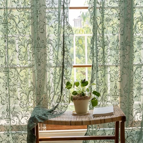 TUDECO Olive Green Lace Curtains 63 Inch Length, Sheer Ruffle 2 Panels - color: Olive Green, size: 59"W x 63"L (Pack of 2)