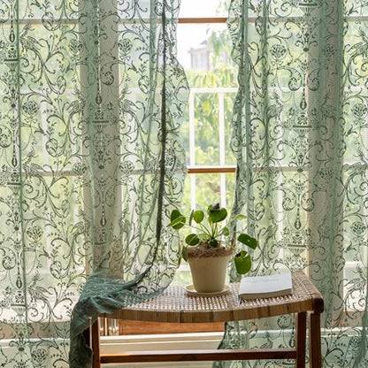 TUDECO Olive Green Lace Curtains 63 Inch Length, Sheer Ruffle 2 Panels - color: Olive Green, size: 59"W x 63"L (Pack of 2)