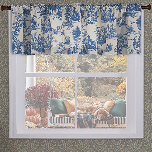 Blue Valance for Living Room Kitchen Window Curtains Over Sink,Floral French Country Vintage Chinoiserie Decor Cream Beige White Toile Rod Pocket Decorative Curtain Topper for Bathroom Bedroom,18 Long - color: Blue