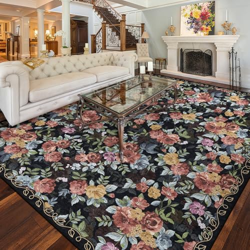 Washable 8x10 Area Rug, Navy Boho Floral Non-Slip for Living Room, Bedroom - color: Dark Navy, Dusty Rose, Mustard and Blue Grey, size: 8' x 10' (Rectangular)