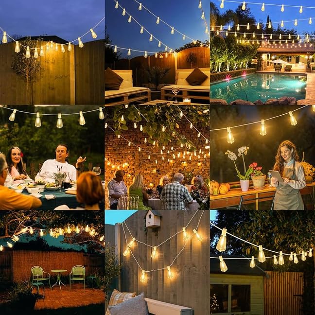 Brightever 50FT LED String Lights 27 Bulbs Outdoor Waterproof Dimmable - color: White Wire Warm White, size: 50FT