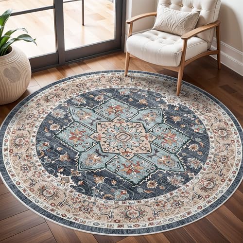 Small 4ft Round Rug: Washable Circle Rug 4ft with Non Slip Backing Playroom - color: Blue/Teal/Orange, size: 4' (Round)