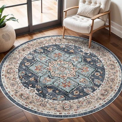 Small 4ft Round Rug: Washable Circle Rug 4ft with Non Slip Backing Playroom - color: Blue/Teal/Orange, size: 4' (Round)