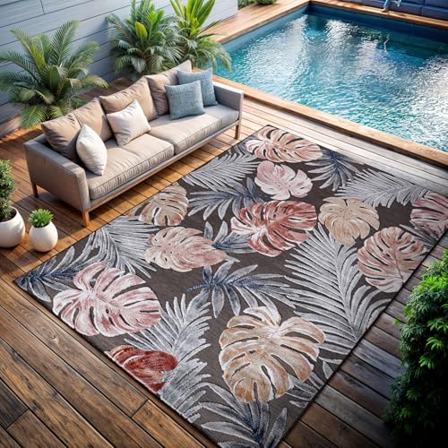 CAMILSON Indoor Outdoor Rug, Brown 7’10”x10’ Leaf Tropical Botanical Area Rugs for Indoor and Outdoor patios, Easy-Cleaning Non-Shedding Living Room, Garden and Kitchen Washable Outside Carpet (8x10) - color: 3002 Brown, size: 8' x 10' (Rectangular)
