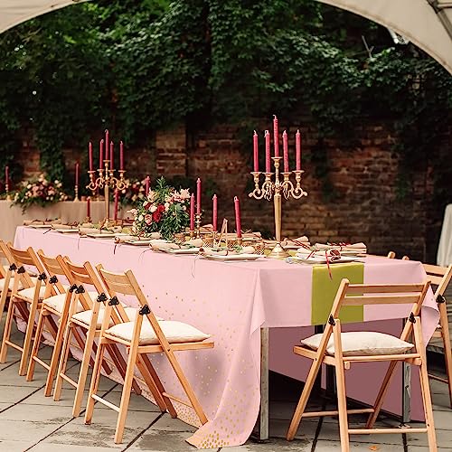 8Pack Disposable Plastic Tablecloths and Satin Table Runner Set Pink and Gold Dot Tablecloth Gold Satin Table Runner for Wedding Birthday Baby Shower Anniversary Christmas New Year Party Supplies - color: Pink and Gold, size: 8 Pack