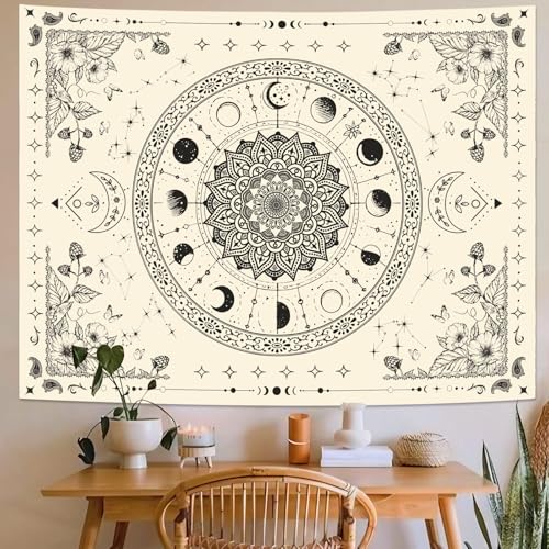 Lunerfex Mandala Moon Tapestry Boho Tapestry for Bedroom Black and White Tapestries Wall Hanging Living Room Wall Art and Home Decor 60x80 - color: Ivory, size: 80"L x 60"W