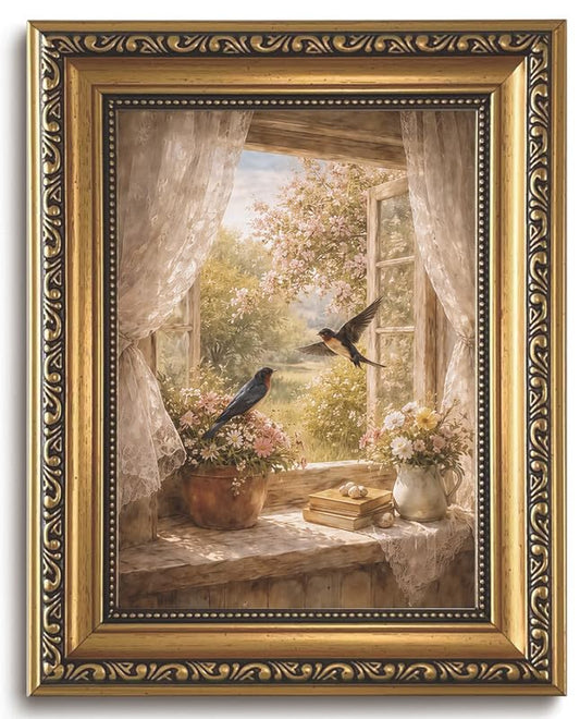 Vintage Swallow Gold Framed Canvas Wall Art 8x10 | Rustic Cottagecore Wall Decor, Swallow Bird Canvas Print, Floral Window View Picture - color: Window swallow, size: 10"L x 8"W