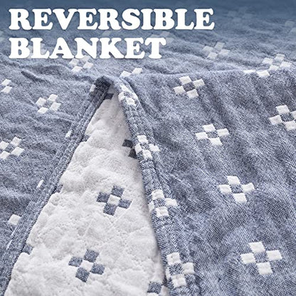 jinchan 100% Cotton Muslin Blanket Twin Boho Throw Blanket 50x60 Denim Blue - color: B. Cross Blue, size: 50"x60"