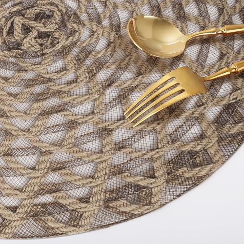fanquare Natural 15" Round Burlap Placemats for Dining Table, Set of 6 Jute Woven Table Mats with Braided Wave Rim, Heat Resistant Rustic Boho Chargers - color: Brown