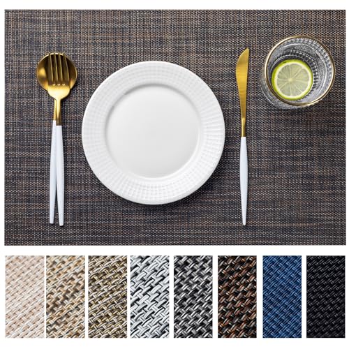 LEXMORE Placemats Set of 6 Vinyl/Plastic Woven Place Mats for Kitchen Table Indoor/Outdoor Washable Placemat Wipeable Dining Table Mats(Black/Brown) - color: A-brown/Black