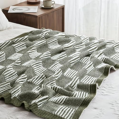 Amélie Home Checkered Knit Throw Blanket for Couch, Olive Green 50"x60" - color: Checkered Olive Green, size: 50" X 60"