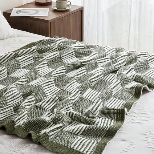 Amélie Home Checkered Knit Throw Blanket for Bed, Olive Green 60"x80" - color: Checkered Olive Green, size: 60" X 80"