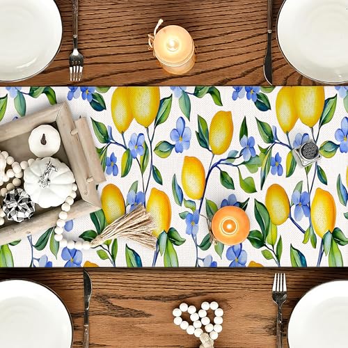 OYIMUA Yellow Lemon Flower Summer Table Runner 13 x 72 Inches Runners for Tables Spring Decorations for Home Indoor and Outdoor Party Decor - color: Lemon-b, size: 13" x 72", Table Runner