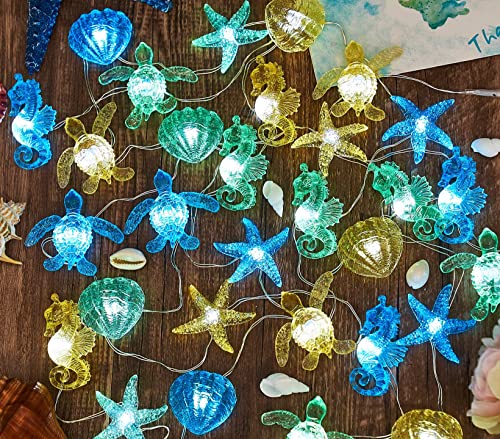 Ocean Themed String Lights Marine Life Night Light Beach Décor Sea Turtle Seahorse Starfish Clam Decorative Lights Battery Operated USB Plug in 30LED 10ft Christmas Tree Ornaments Holiday Bedroom