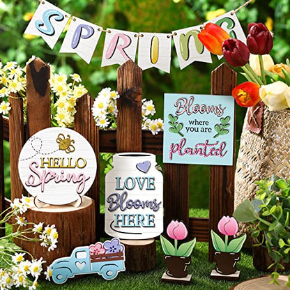 Patelai Spring Tiered Tray Decor Set Wooden Pastel Hello Spring Decor Truck Tulip Flower Table Signs Rustic Farmhouse Tiered Tray Decoration for Home Tabletop Living Room Kitchen Decorations - style: Spring