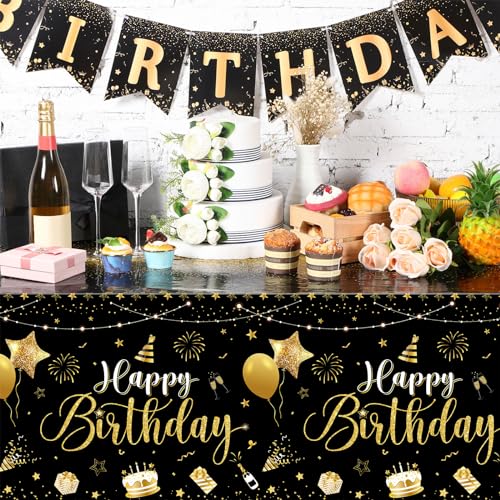 Tudomro 3 Pcs Plastic Happy Birthday Party Tablecloths,Black Gold - color: Black Gold