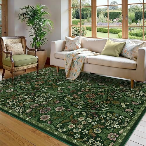 Floral Area Rug 5x7 Botanical Washable Carpet for Living Room - color: Dark Green, size: 5' x 7' (Rectangular)