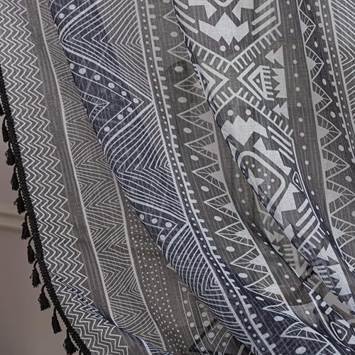 Black Geometric Sheer Curtains 63 inch Long, Fringed Edges and Textured Semi Sheer Curtains Large Window Treatments for Living Room/Bedroom, 2 Panels - color: Black Geometry, size: 52"W x 63"L (Pack of 2)