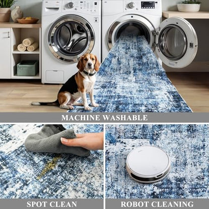 2x5 Washable Kitchen Runner Rug – Non-Slip Rubber Backing Low-Pile Soft Small Rug for Hallway Bathroom Bedroom Entryway Laundry Room – Modern Neutral Abstract Thin (Navy Blue) - color: Navy Blue, size: 2' x 5' (Rectangular)