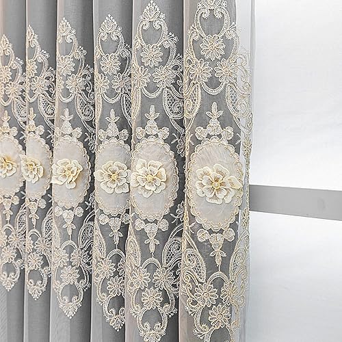 Amidoudou 1 Pair European Double Layer Curtains with Valance for Living Room Bedroom Luxury 3D Flower Embroidered Curtains (Grey,51x90 Inch) - color: Grey, size: 51"W x 90"L (Pack of 2)