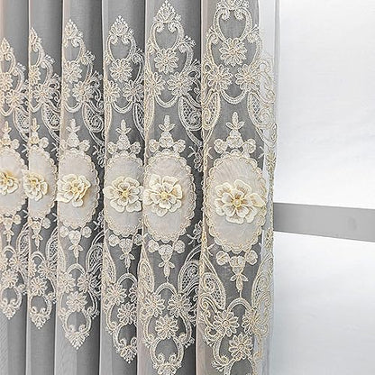 Amidoudou 1 Pair European Double Layer Curtains with Valance for Living Room Bedroom Luxury 3D Flower Embroidered Curtains (Grey,51x90 Inch) - color: Grey, size: 51"W x 90"L (Pack of 2)