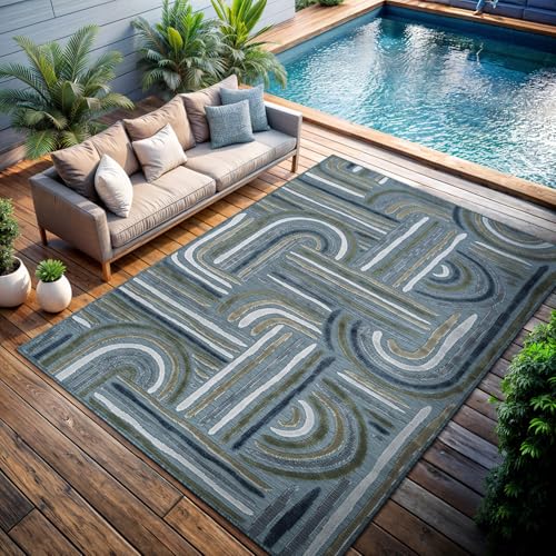CAMILSON Indoor Outdoor Rug, Aqua 9x12 Geometric Arch Striped Large Area Rugs for Patio and Home Areas, Easy-Cleaning Non-Shedding Living Room, Garden and Deck Washable Outside Carpet (9 x 12) - color: 3004 Aqua, size: 9' x 12' (Rectangular)