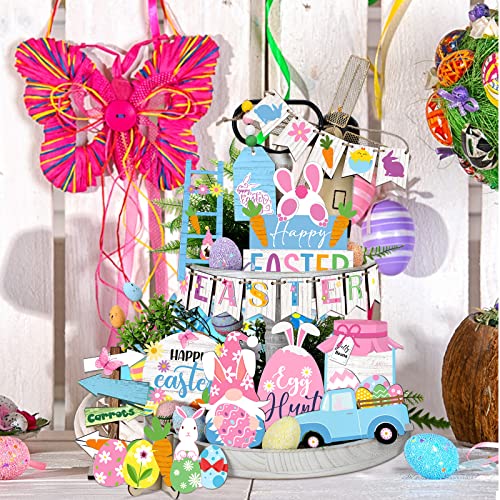 Marsui Easter Tiered Tray Decor Happy Easter Tiered Tray Ornament Rustic Farmhouse Spring Sign Bunny Truck Gnome Egg Wooden Sign for Home Table Decor(Cute) - style: Cute