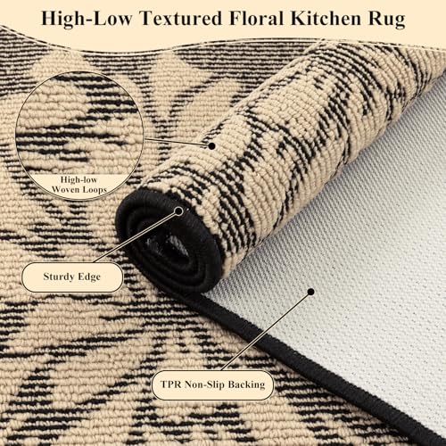 Findosom Kitchen Rugs Sets of 2, Floral Washable Kitchen Runner Rug, Black - color: Black/Beige, size: 24" x 36" + 24" x 60"